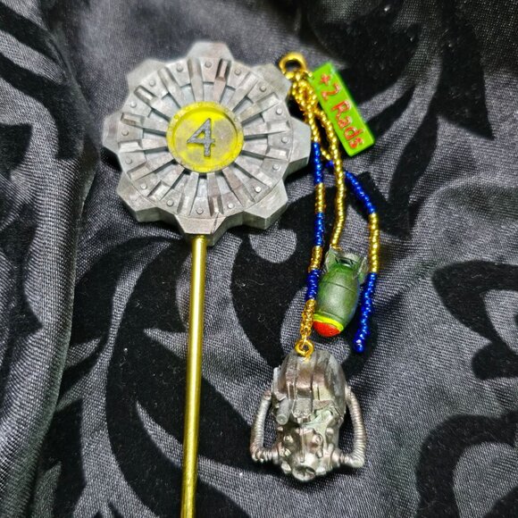 Handmade Fallout Vault Inspired Hair Stick Helmet, Mini Nuke, and +2 Rad Charms - Picture 14 of 14
